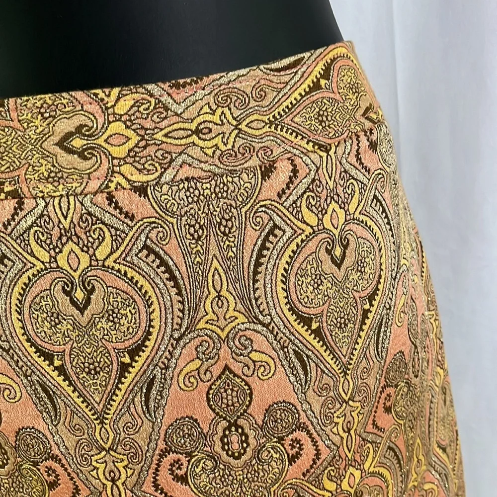 Talbots Pink Yellow & Metallic Gold Jacquard Print Silk Blend Pencil Skirt